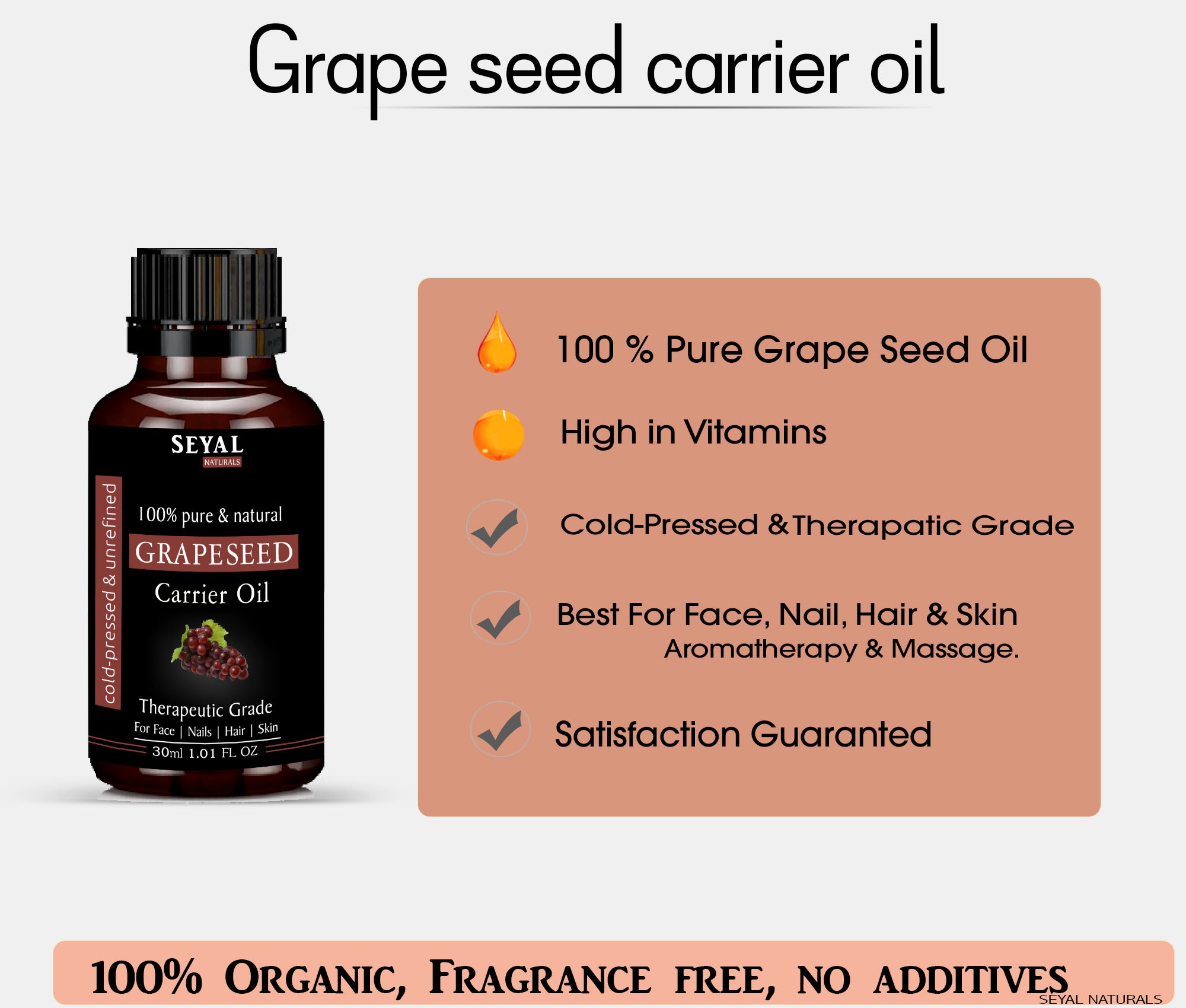 Seyal Grapeseed Oil 100 % Pure Cold Pressed Therapeutic Grade